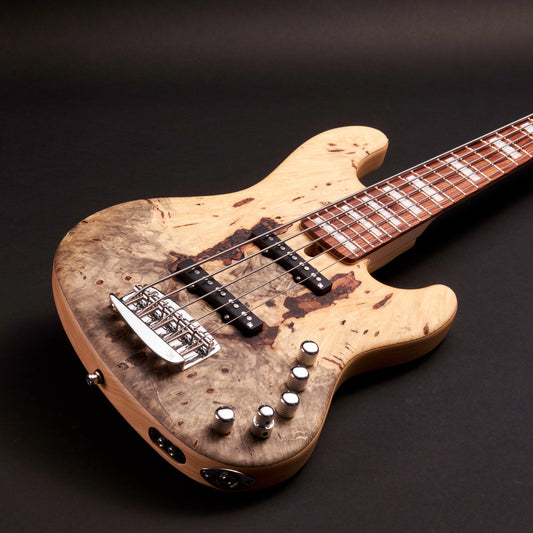Mayones Jabba Custom BB 5 JJ - Trans Natural Satine, buckeye burl top over swamp ash body