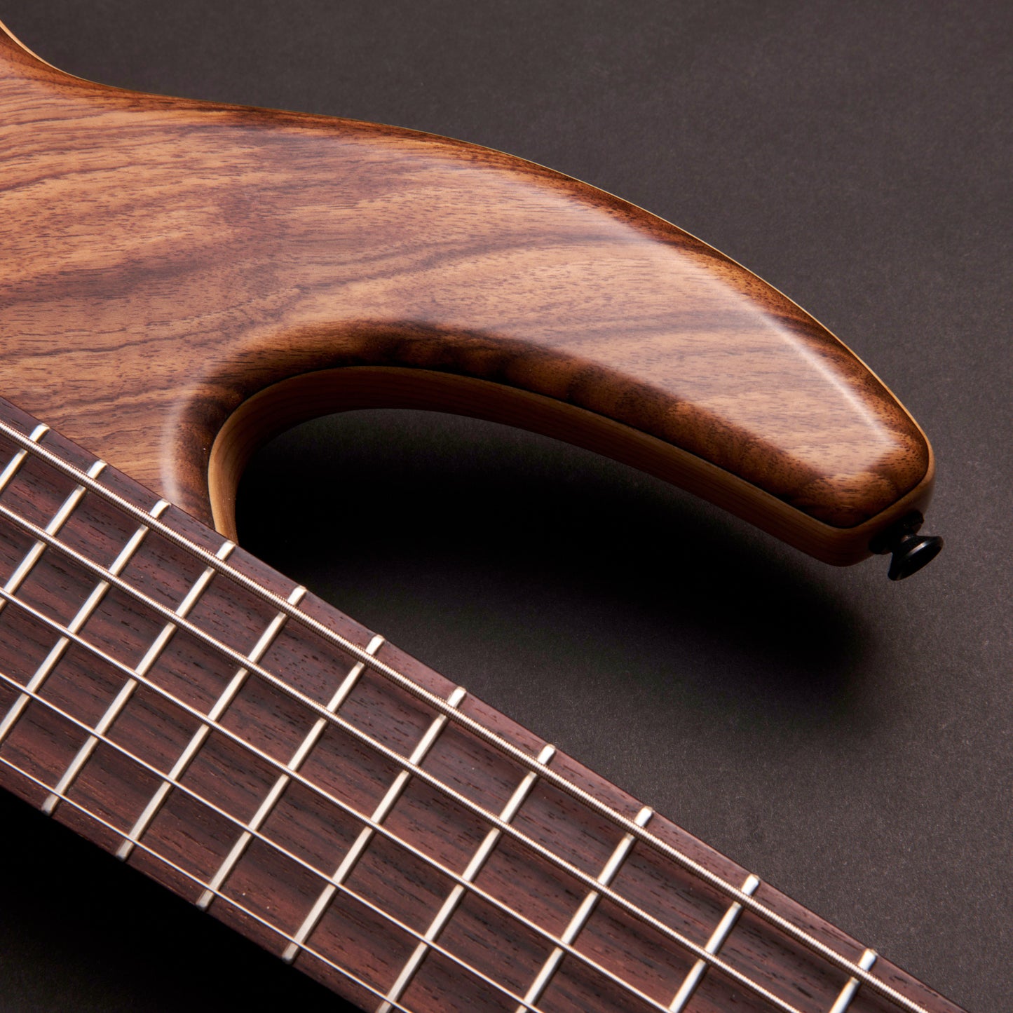 Overwater Scott Devine Signature Custom 5 - Figured Walnut Natural Satin, 33 inch medium scale 5-string bass at Bass Freaks