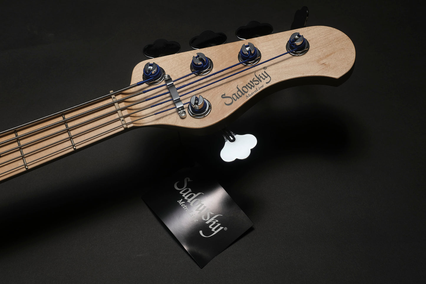  guitar headstock with brand logo on a black background