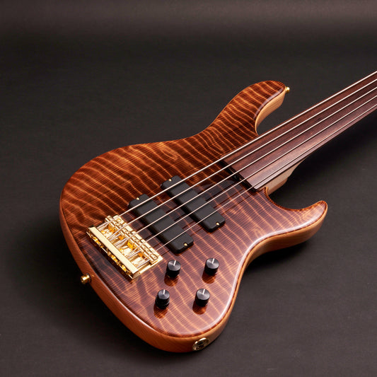 Sadowsky MetroLine Modern 5 Fretless Special Edition Curly Sinker Redwood 5-string fretless bass at Bass Freaks