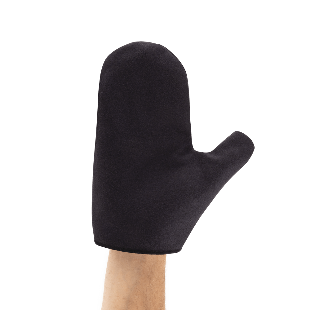 D'Addario microfiber polish mitt worn on the hand