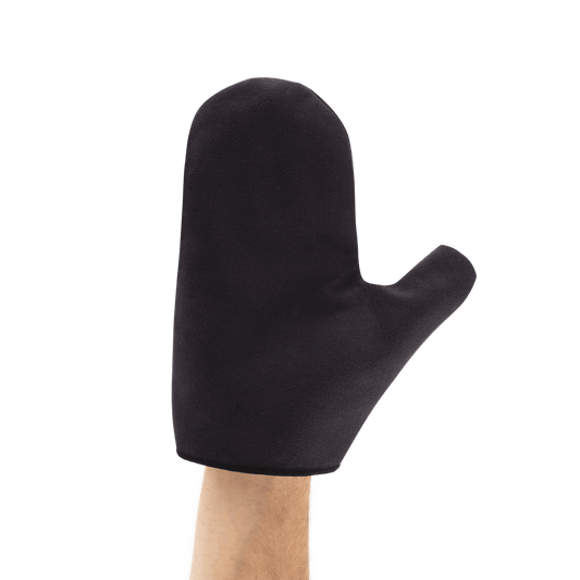D'Addario microfiber polish mitt worn on the hand
