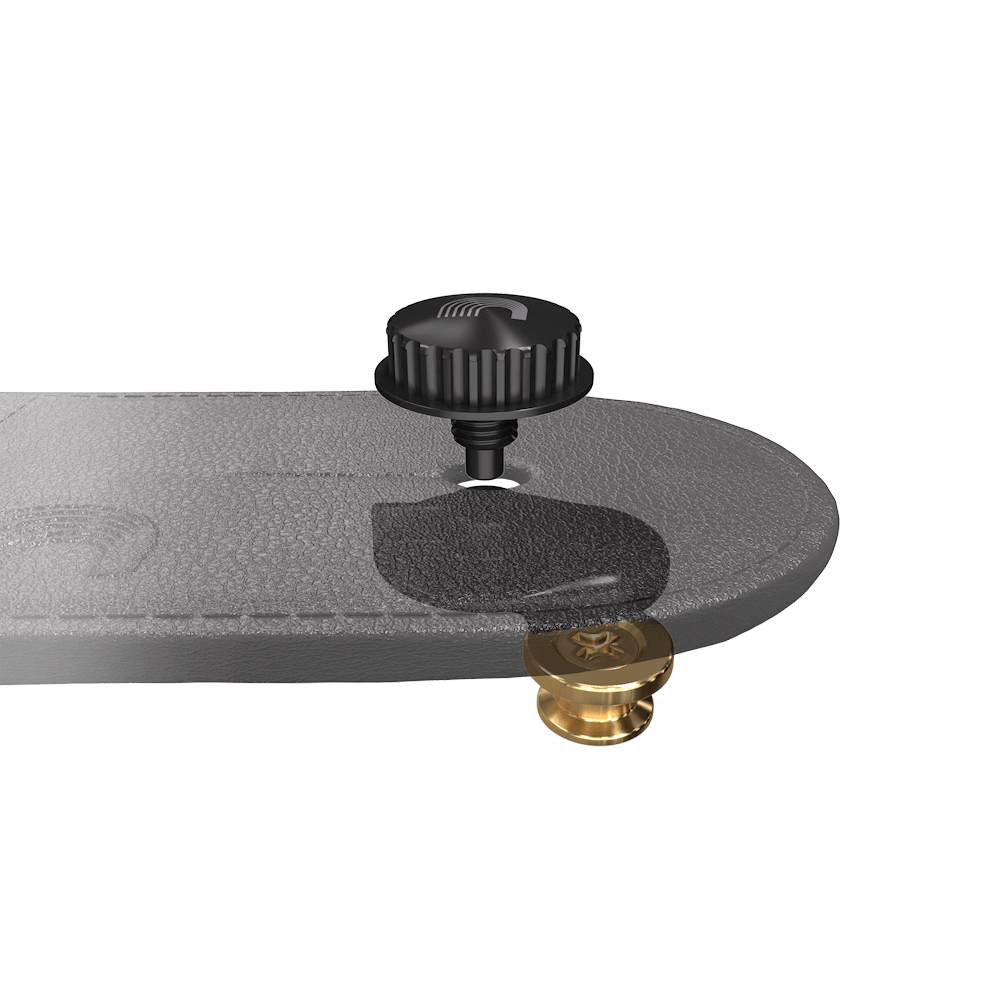 D'Addario gold strap lock fitted to a strap end with release button