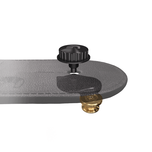 D'Addario gold strap lock fitted to a strap end with release button